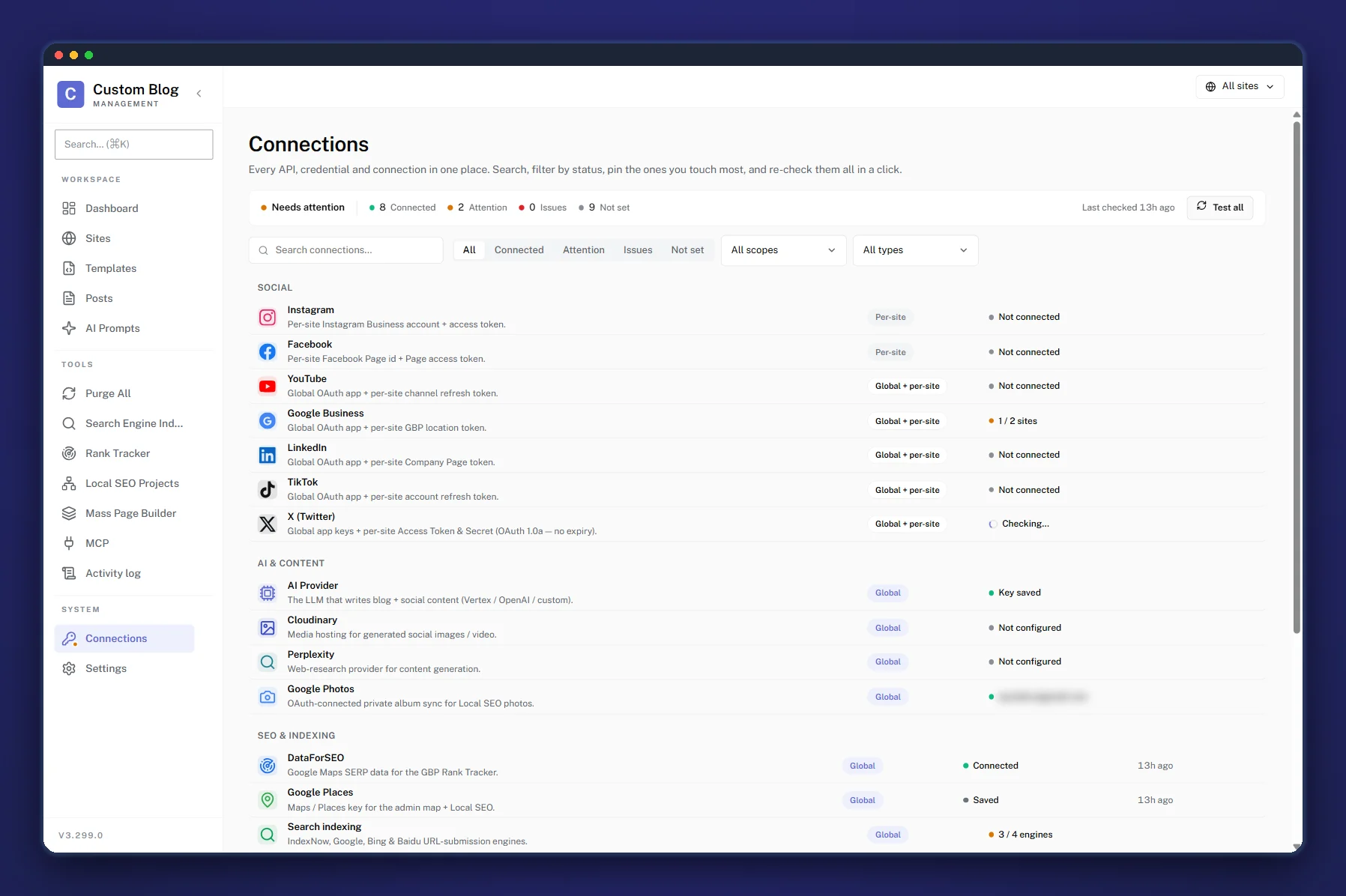 The CBM Connections screen: every third-party integration with its live status and per-site or global scope