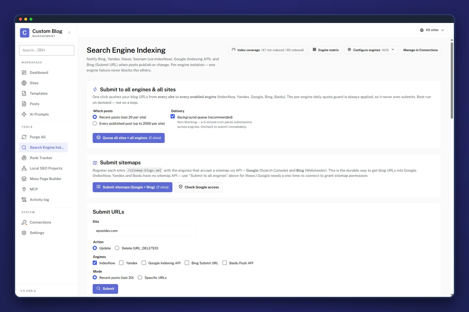 The CBM Search Engine Indexing screen: multi-engine submission, per-engine quota guards and the background queue