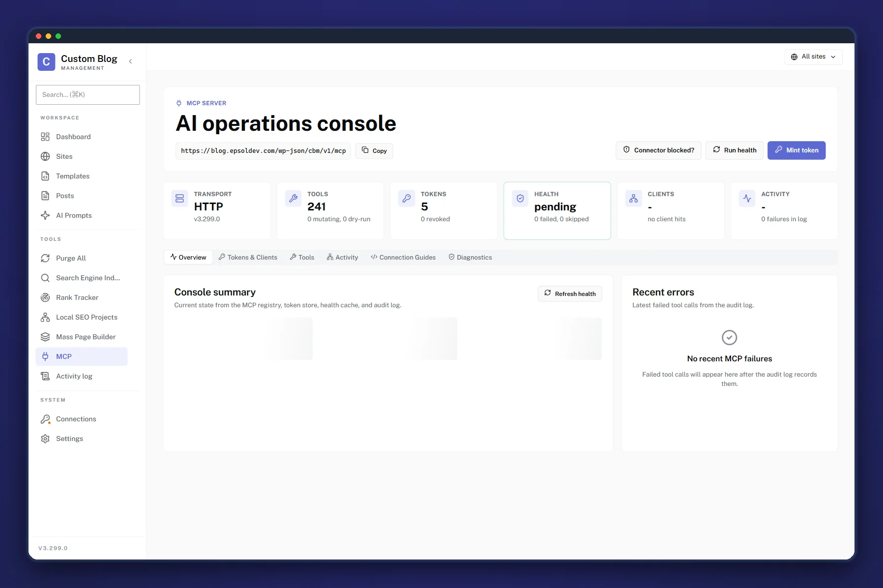 The CBM MCP console: registered tool count, tokens, transport and health state