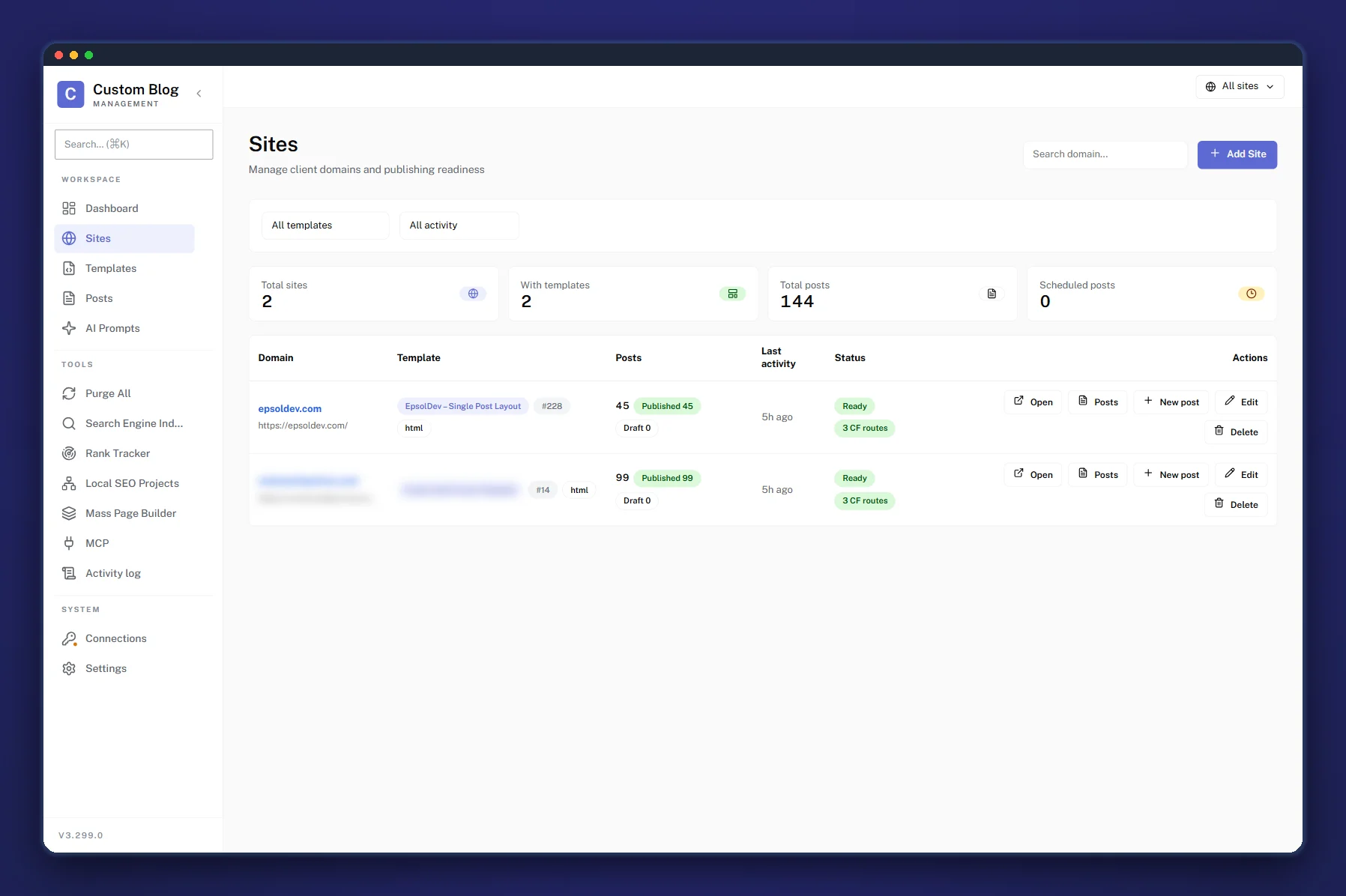 The CBM Sites screen: every managed domain with its bound template and published post count
