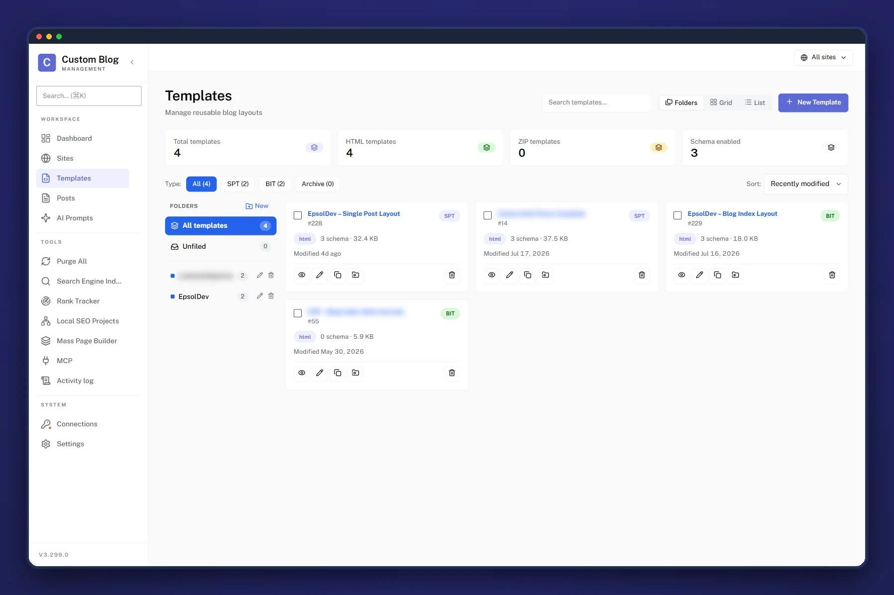 The CBM Templates screen: reusable single-post and blog-index layouts, organised into per-client folders