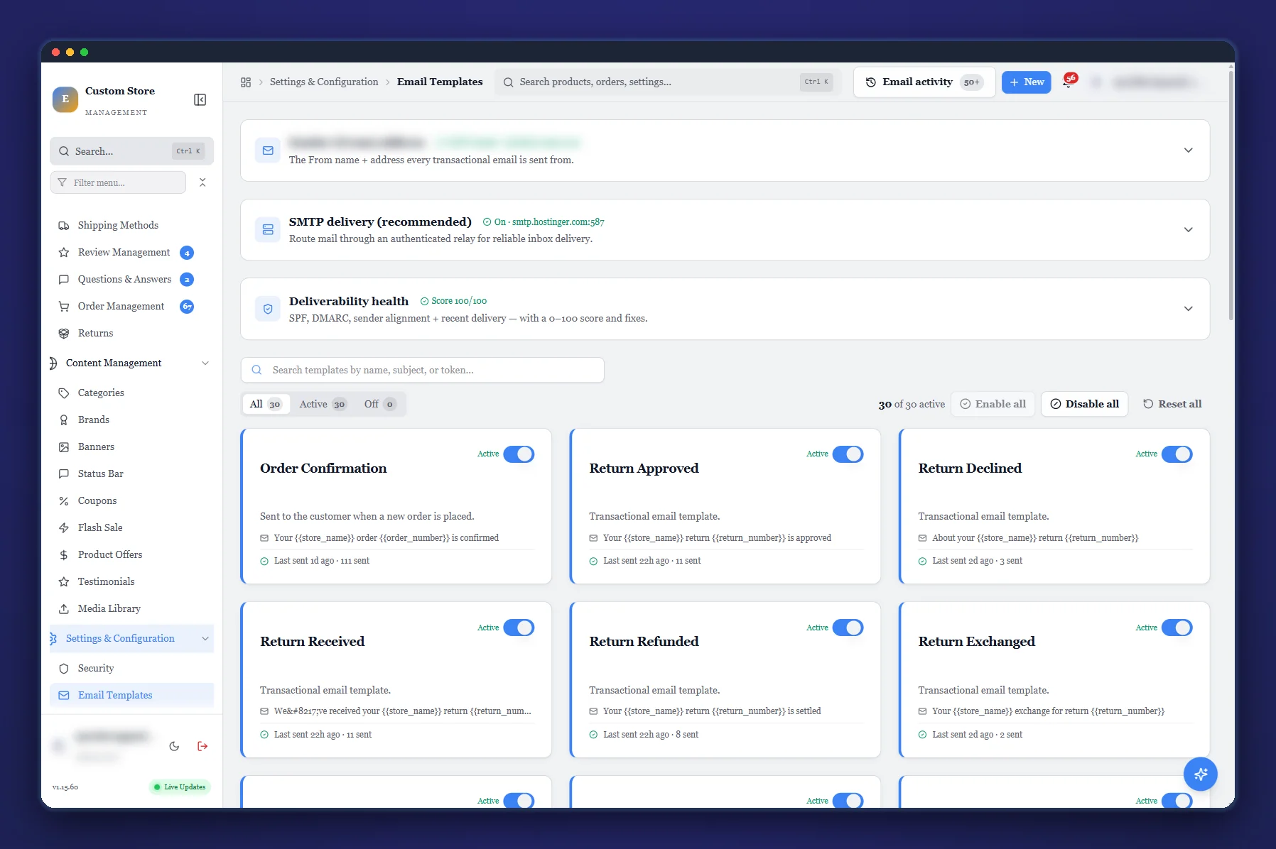 CSM transactional email templates with per-template editing and preview
