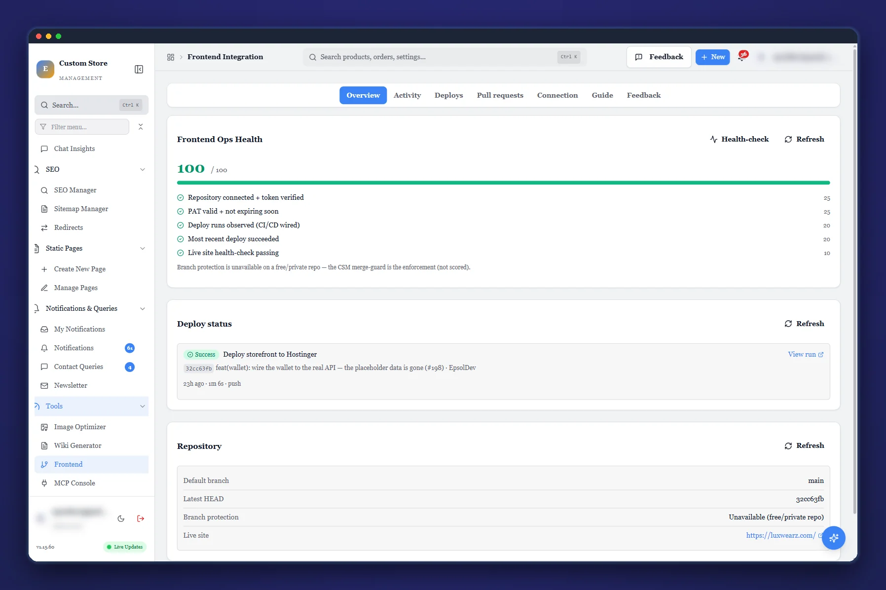 CSM frontend integration: connected storefront repository, branch, pull request and deploy state