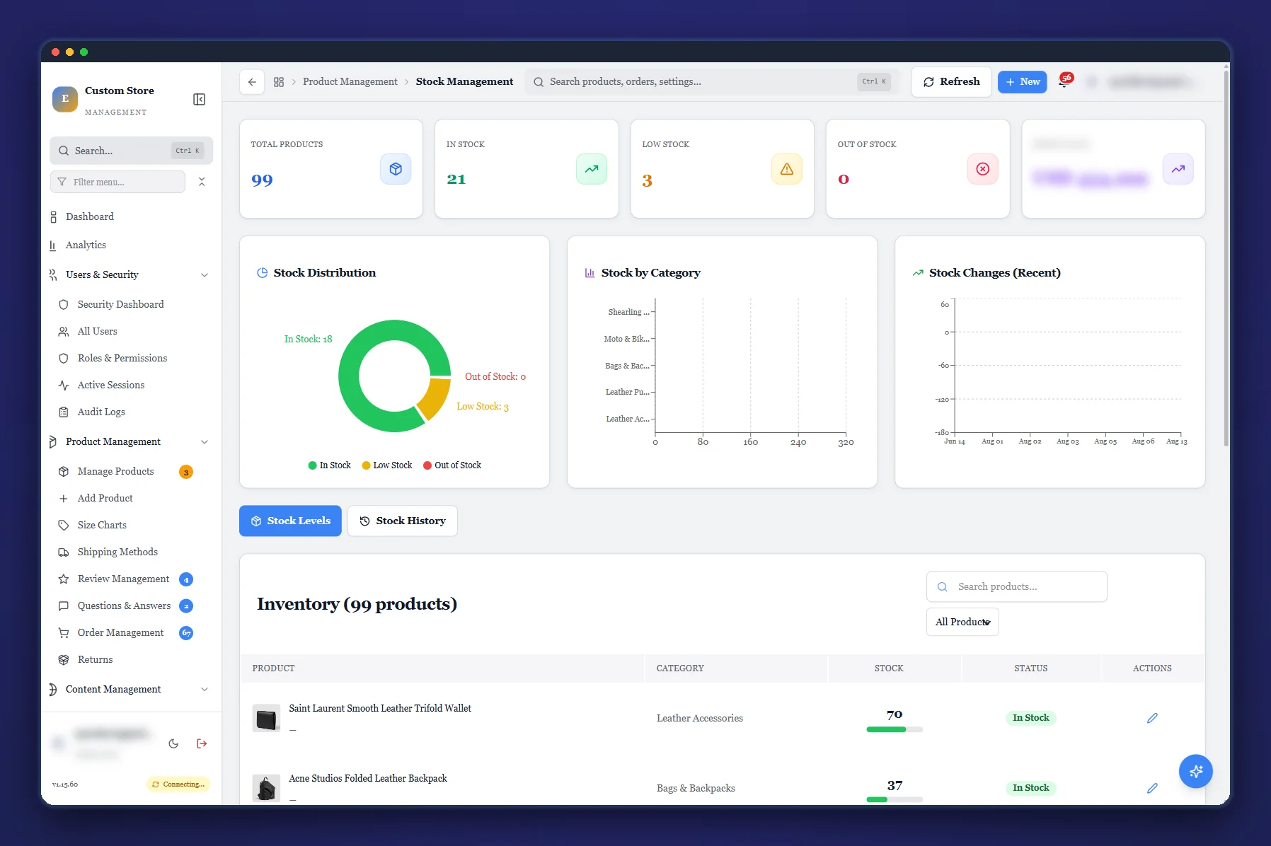 CSM inventory with low-stock and out-of-stock views and the stock movement ledger