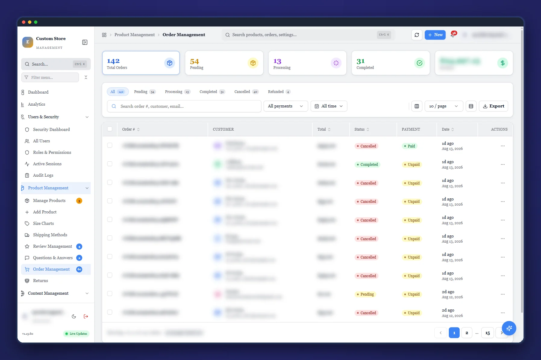 CSM order management showing the status pipeline, per-status filters, payment state and export