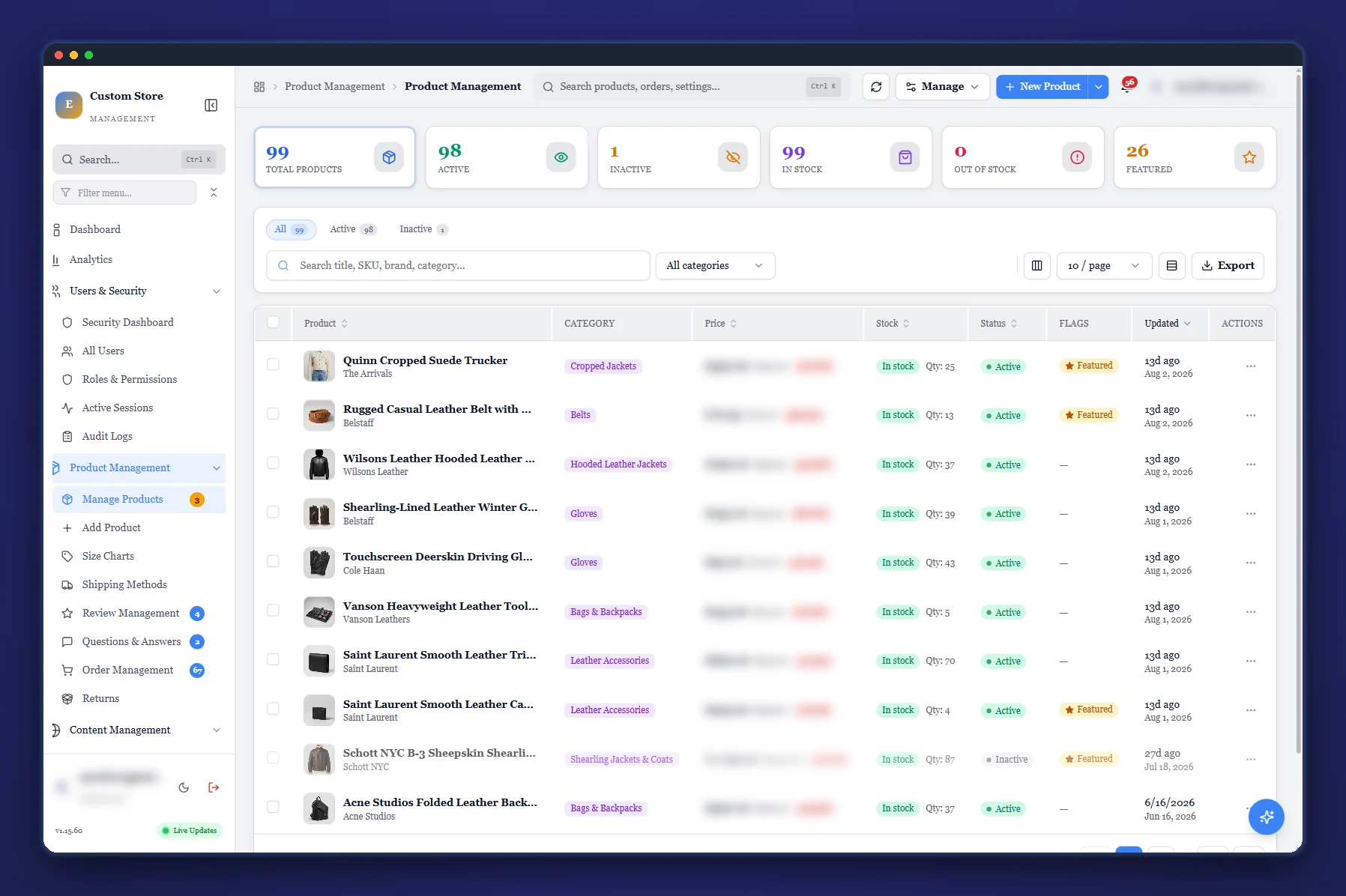 The CSM product catalogue with search, filters, stock state and bulk actions