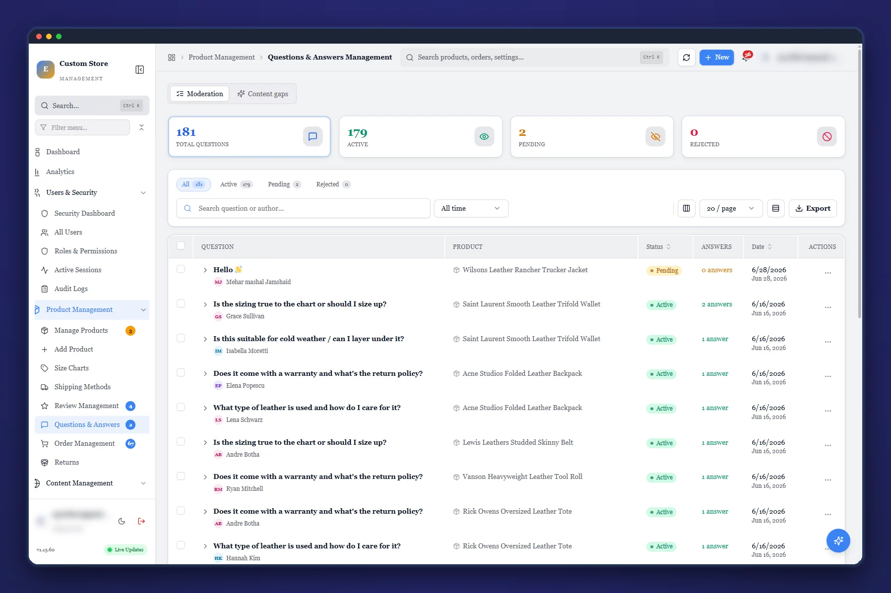 CSM product questions and answers with moderation and a content-gap view
