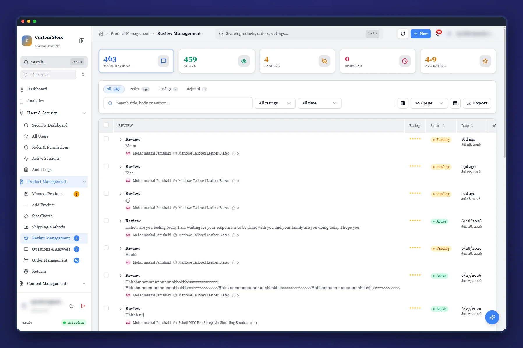 CSM review moderation queue with pending, approved and rejected states