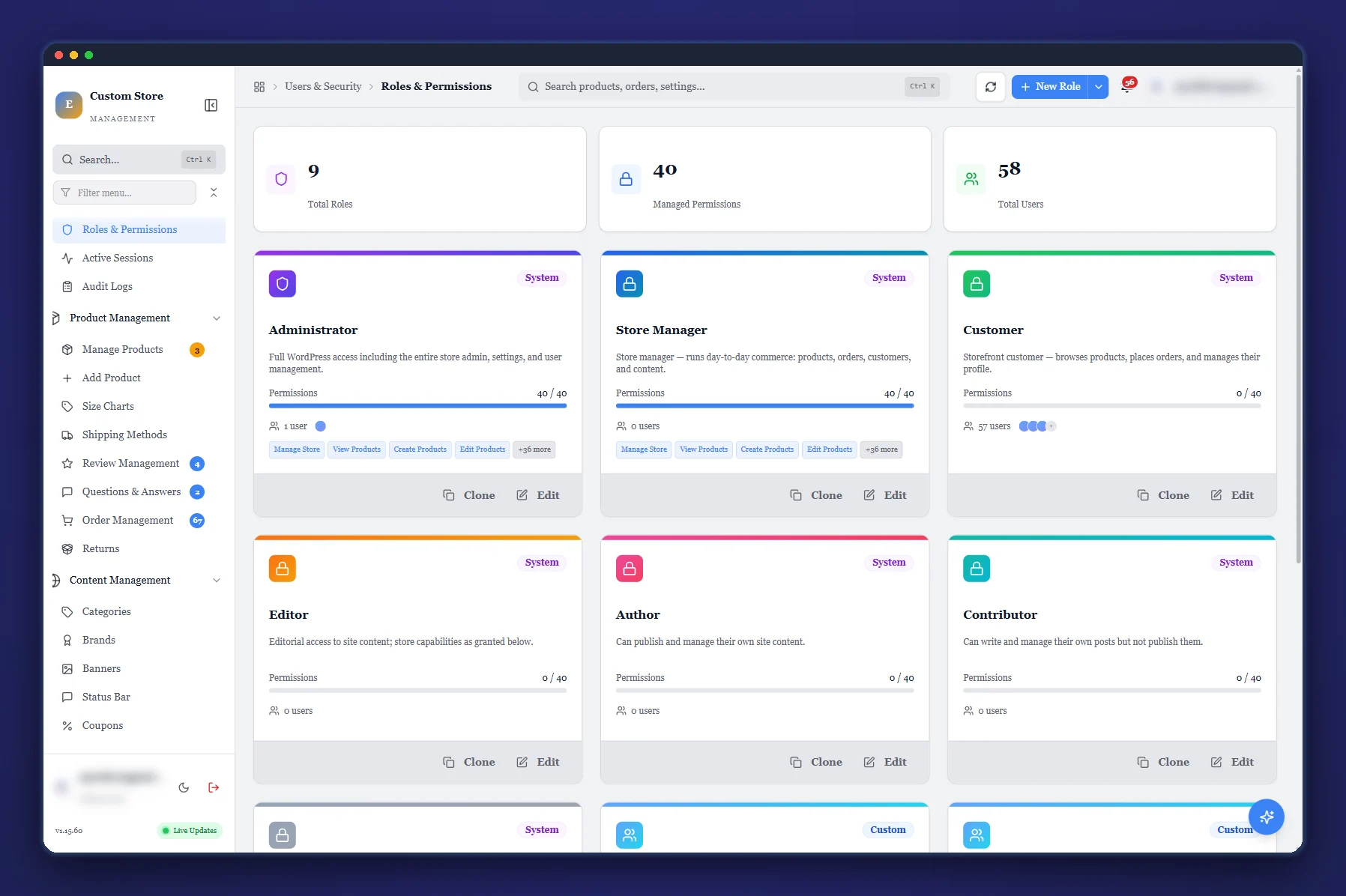 CSM roles and permissions showing granular per-feature capabilities
