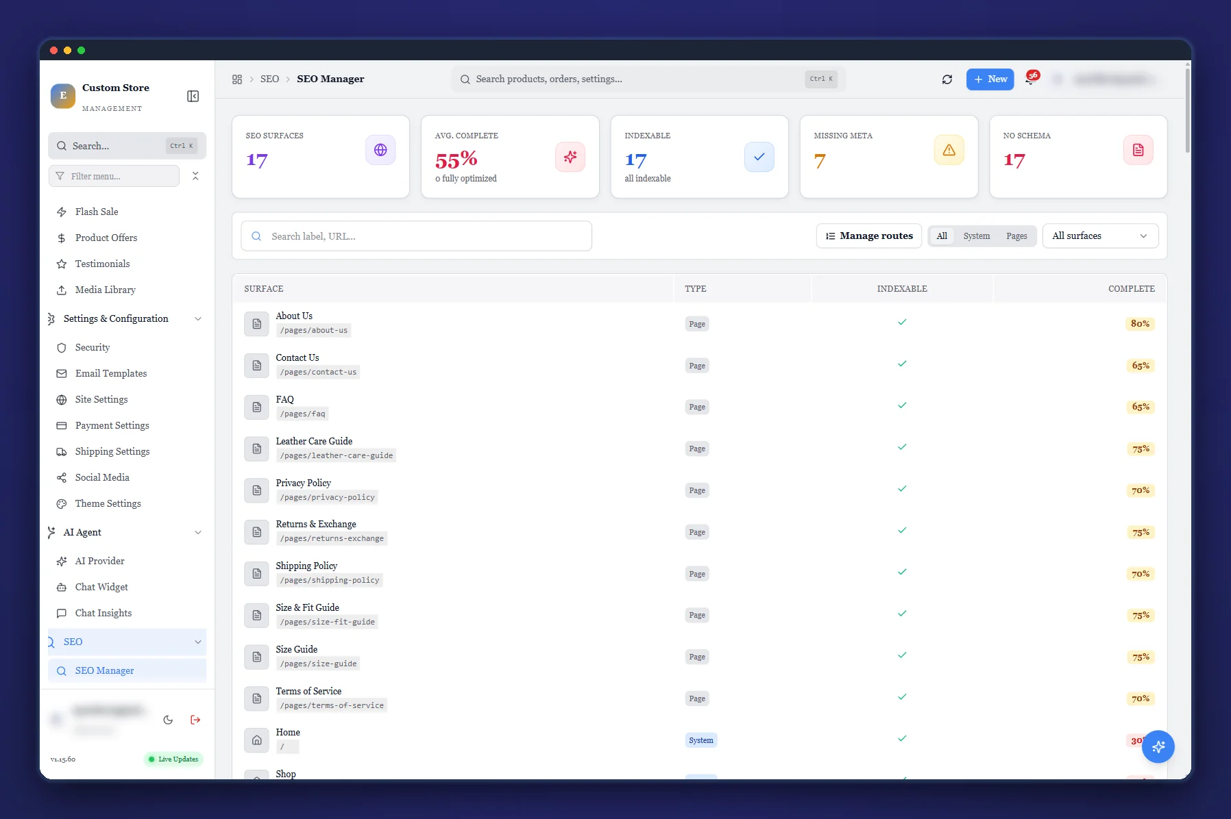 The CSM SEO manager with per-surface coverage scoring and structured-data controls