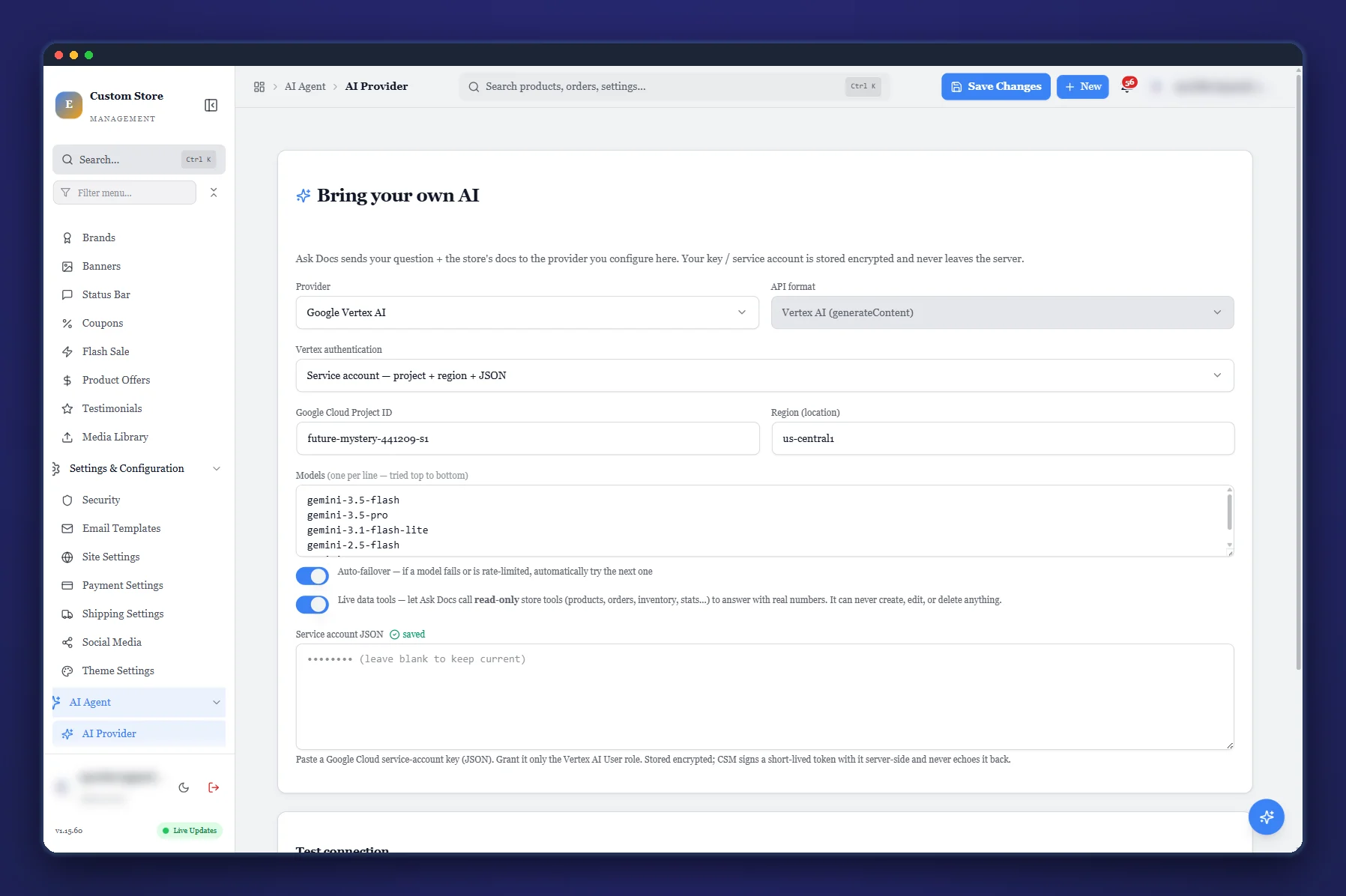 CSM AI provider settings showing per-feature model routing