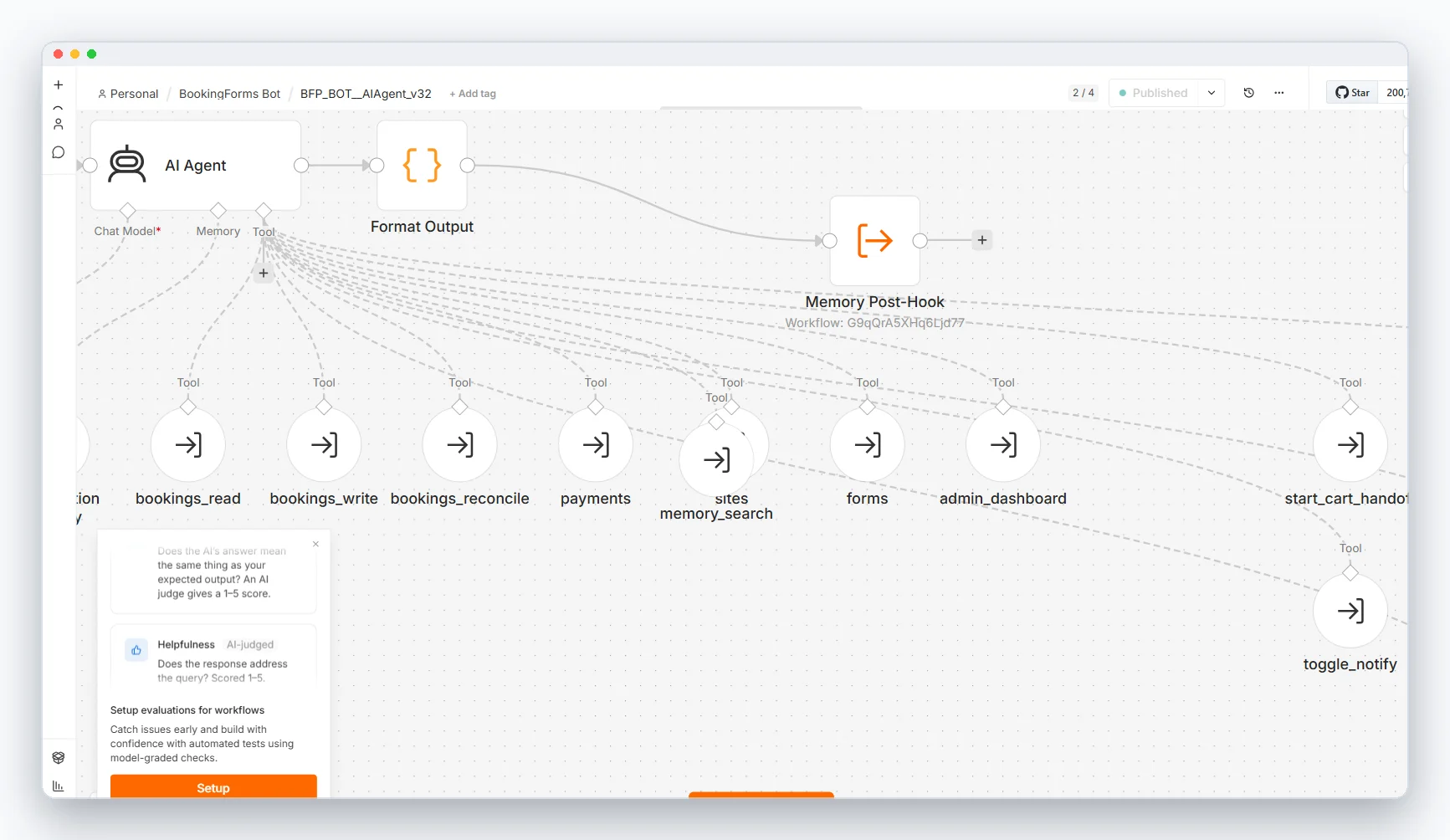 The AI agent: a language model, conversation memory, and thirteen sub-workflow tools bound to it